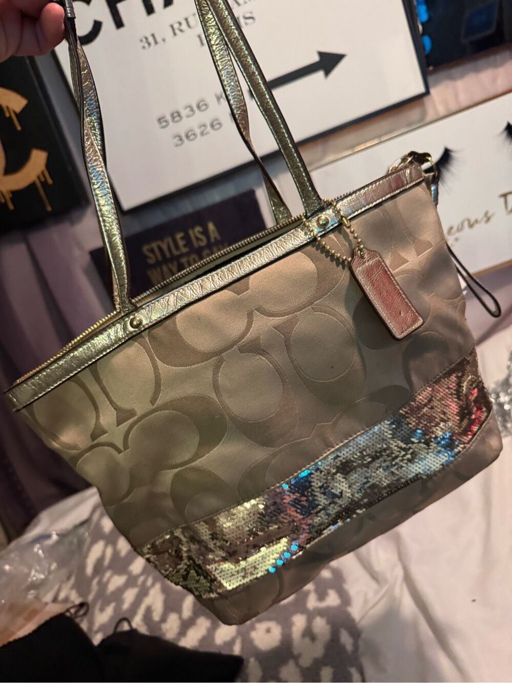 Coach poppy vintage gold metallic sequin stripe tote bag  pocketbook purse Y2K b